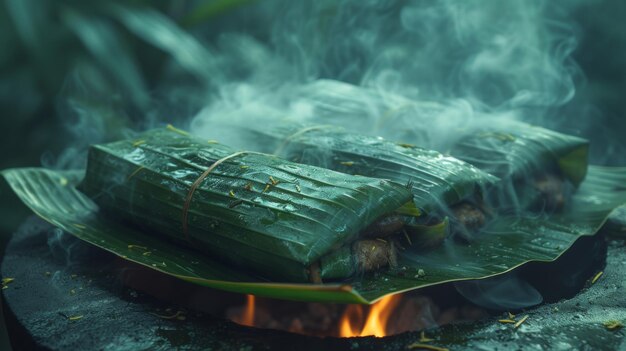 Zdjęcie barbacoa owinięta w banany pozostawia parę niosącą zapach