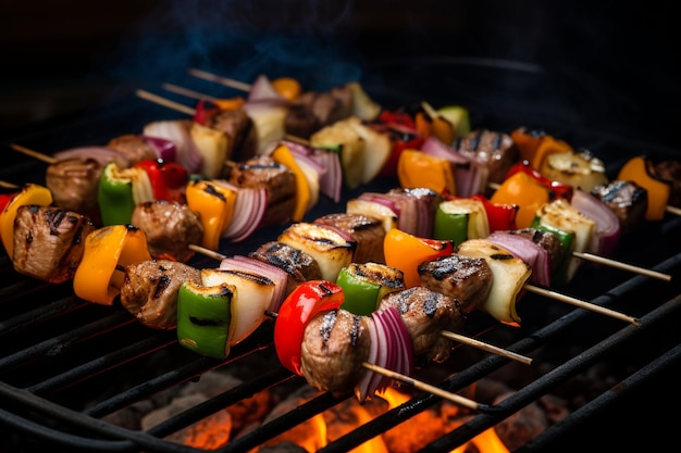 Barbecue, szpilki, kebaby z warzywami na płonącym grillu.