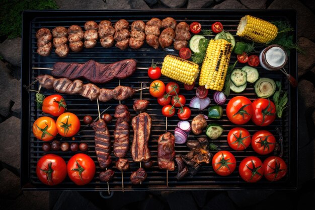 Zdjęcie barbecue z grillowanym mięsem, warzywami i przyprawami na grillu top view barbecue cooking outdoor leisure party top view ai generated