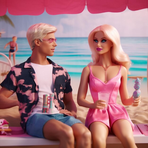 Zdjęcie barbie i ken cieszą się tropikalnym wypoczynkiem na plaży.