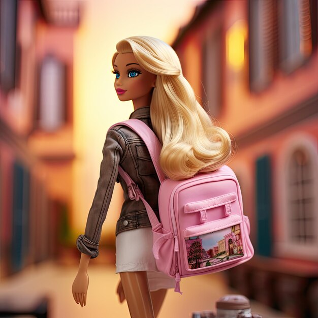 Zdjęcie barbie idąca do szkoły uczeń patrzący wstecz podczas chodzenia na zajęcia w college'u lub szkole