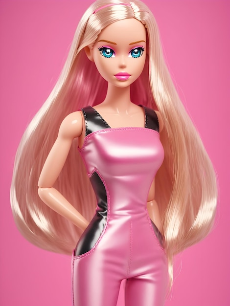 BARBIE RÓŻOWY BLOND WŁOSÓW DZIEWCZYNA CAŁEGO CIAŁA RÓŻOWE TŁO