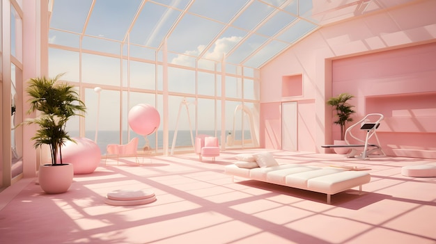 Barbie różowy wnętrze nowoczesnego salonu z różowymi ścianami, siłownią, białymi kanapami i dużymi oknami