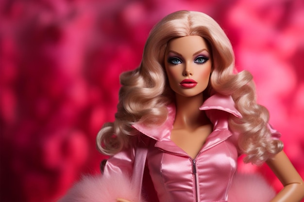 Barbie ubrana w różowy strój z blond włosami