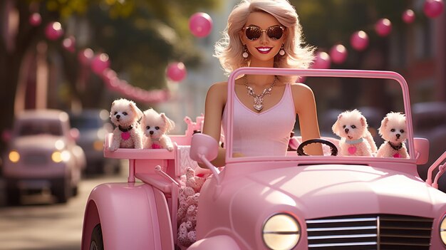 Barbie w jasnoróżowym kolorze z okularami przeciwsłonecznymi w jasnoróżowym samochodzie ze swoimi 2 małymi Bichon Frise