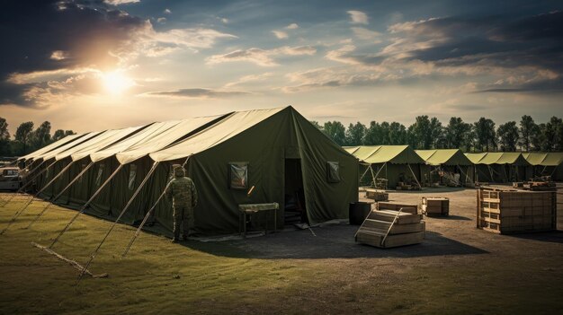 bardzo duży namiot wojskowy stojący na rozległym polu podkreślający strategiczne znaczenie obozów polowych Idealny dla koncepcji wojskowych i obronnych