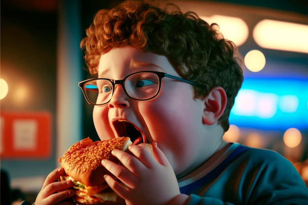 Bardzo gruby amerykański dzieciak gryzie hamburgera na świeżym powietrzu w nocy w mieście Generative AI