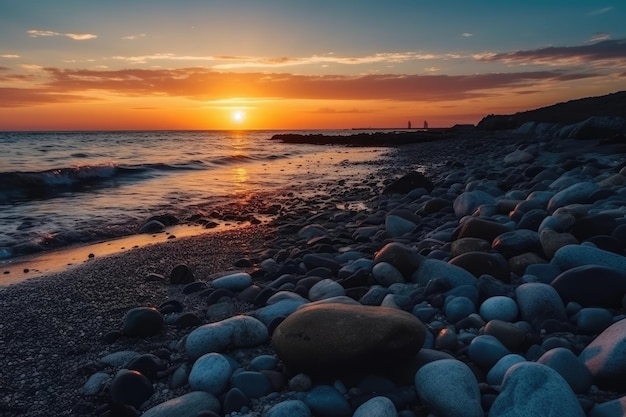 Bardzo ładny zachód słońca na plaży z wieloma skałami