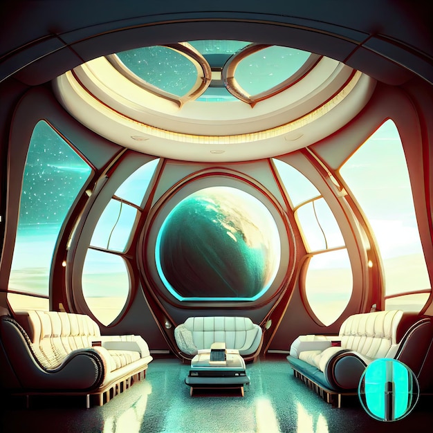 Bardzo luksusowe futurystyczne wnętrze w kosmosie z technologiami planetarium i kopułami stworzonymi z gen
