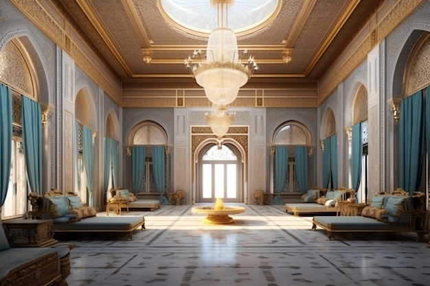 Bardzo luksusowy pokój, duży, ze ścianami ozdobionymi marokańską mozaiką. Pokój w tradycyjnym islamskim stylu