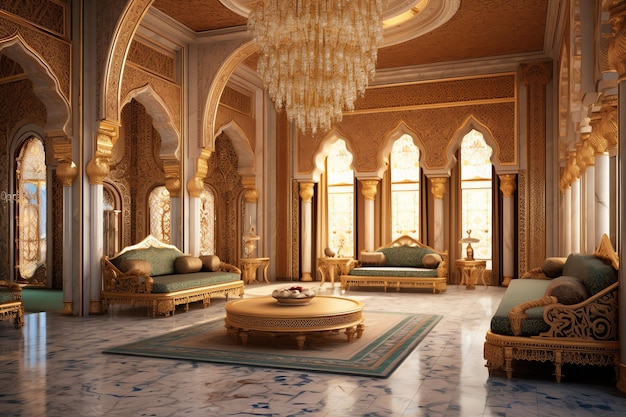 Bardzo luksusowy pokój, duży, ze ścianami ozdobionymi marokańską mozaiką. Pokój w tradycyjnym islamskim stylu