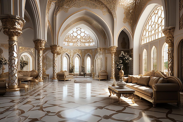 Bardzo luksusowy pokój i duży ze ścianami ozdobionymi marokańską mozaiką Pokój w tradycyjnym islamskim stylu