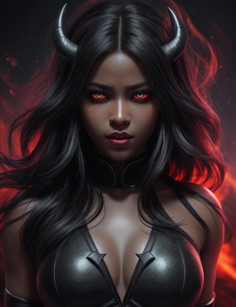 Bardzo piękna demoniczna kobieta z czerwonymi oczami na Halloween