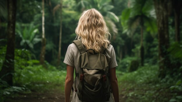 Bardzo piękna zmysłowa blondynka 24 letnia kobieta na tle dżungli z plecakiem z tyłu