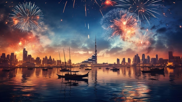 Bardzo piękne noworoczne fajerwerki w tle Dubaju.