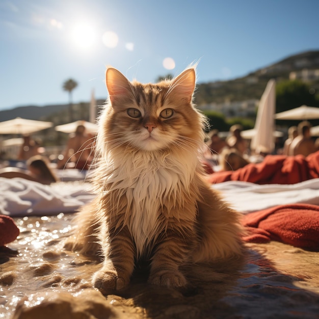 Zdjęcie bardzo piękny imbirowy kot na plaży