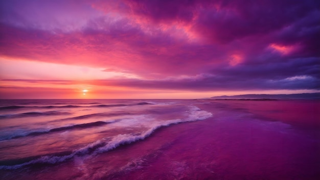 Bardzo piękny panoramiczny, atmosferyczny, naturalny pejzaż morski zachodu słońca z teksturowanym niebem w fioletowych odcieniach