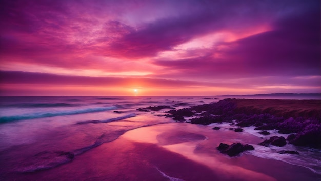 Bardzo piękny panoramiczny, atmosferyczny, naturalny pejzaż morski zachodu słońca z teksturowanym niebem w fioletowych odcieniach