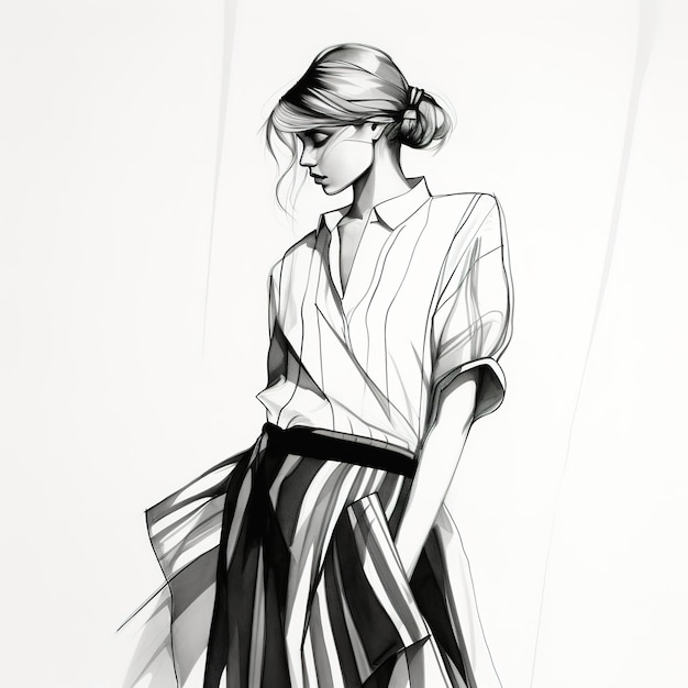 Bardzo proste linie w ręcznie rysowanym szkicu mody przedstawiającym kobiece ubrania