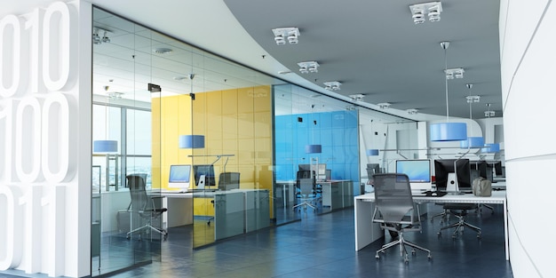 Bardzo realistyczne renderowanie 3D nowoczesnego biura korporacyjnego w kolorze białym, niebieskim i żółtym
