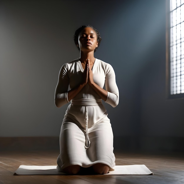 Bardzo religijna czarna kobieta modli się na kolanach.
