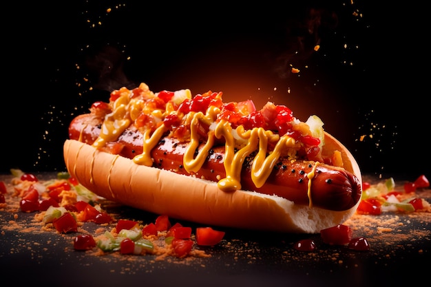 Bardzo smaczny hot dog Fast food na pięknym tle Hot dog z ketchupem i majonezem AI