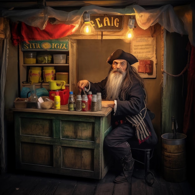 bardzo stary i głodny Pirat idzie do kiosku i kupuje napoje, jedzenie i Zigarettes