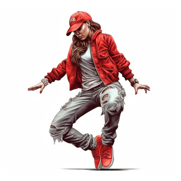 Zdjęcie bardzo szczegółowa ilustracja dziewczyny hiphopowej w czerwonym kapeluszu i dżinsach