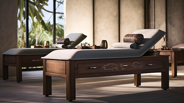 Zdjęcie bardzo szczegółowe ujęcie czystych i atrakcyjnych stołów do masażu spa