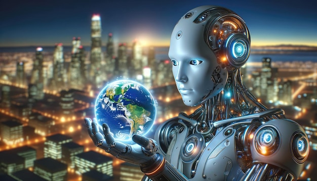 Bardzo szczegółowy humanoidalny robot trzyma świecący globus Ziemi z widokiem na krajobraz miasta w zmierzchu symbolizujący postęp technologiczny i przyszłość