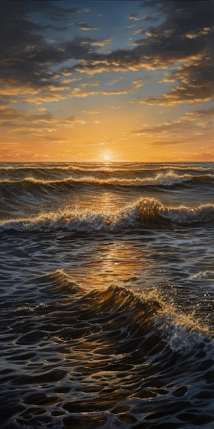 Bardzo Szczegółowy Obraz Olejny Zatoki Podczas Złotego Wschodu Słońca W Stylu Jason Derulo