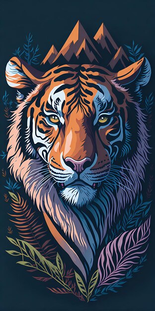 Bardzo szczegółowy portret majestatycznego pojedynczego tygrysa w dżungli na tle górskiego zachodu słońca
