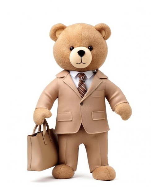 Bardzo uroczy pluszowy niedźwiedź w garniturze i krawacie ubrany jak biznesmen