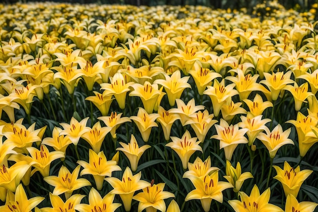 Bardzo wiele żółtych kwiatów lilii z selektywnym skupieniem w ogrodzie botanicznym