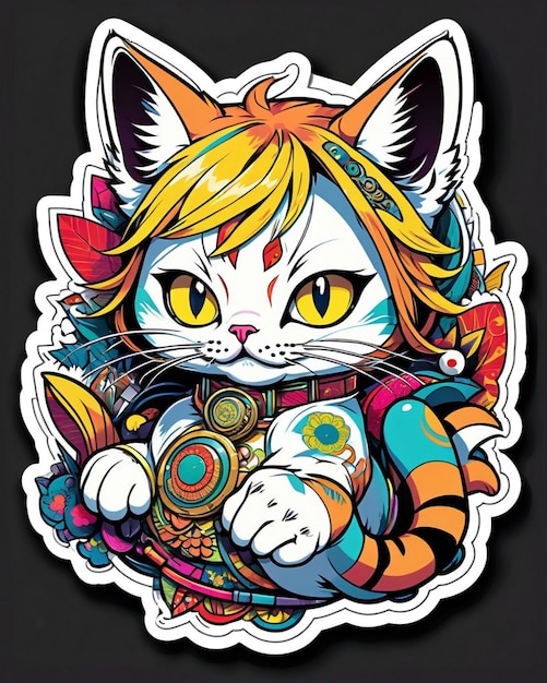 Bardzo żywa cyfrowa ilustracja zabawnej naklejki dla kotów w stylu japońskiej sztuki pop