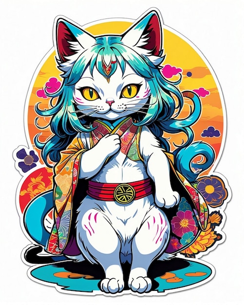 Bardzo żywa cyfrowa ilustracja zabawnej naklejki dla kotów w stylu japońskiej sztuki pop