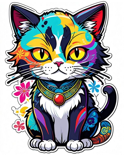 Bardzo żywa cyfrowa ilustracja zabawnej naklejki na kota w stylu japońskiej sztuki pop