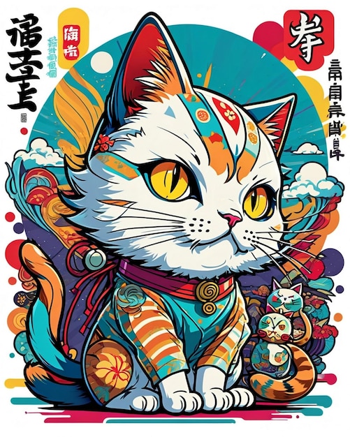 Bardzo żywa cyfrowa ilustracja zabawnej naklejki na kota w stylu japońskiej sztuki pop