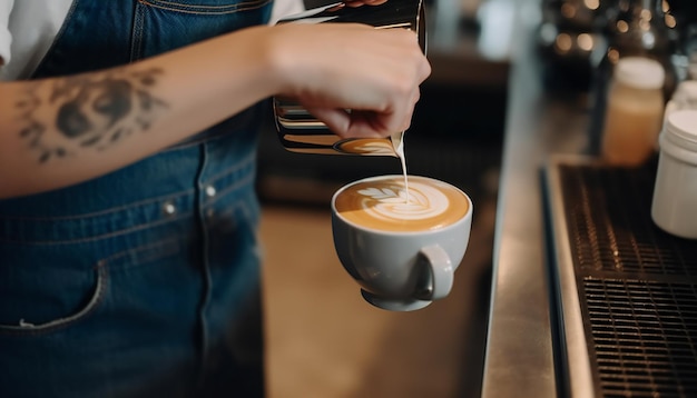 Barista nalewa mleko w kawiarni, robiąc latte art Generative ai art