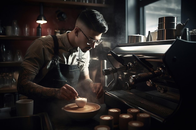 Barista robi filiżankę kawy espresso w przytulnej kawiarni generatywnej ai