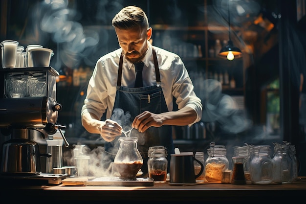 Barista robi filiżankę kawy.