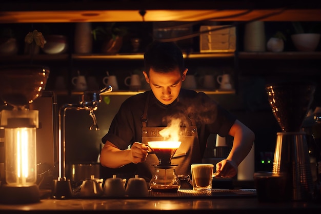 Barista robi kawę dla klientów w kawiarni lub restauracji