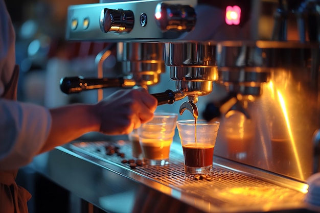 Barista robi kawę dla klientów w kawiarni lub restauracji