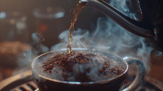 Zdjęcie barista robiący kawę kroplową, wylewający gorącą wodę z czajnika na zmielony proszek kawy generatywna sztuczna inteligencja
