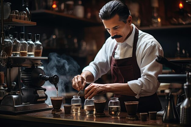 Barista umiejętnie parze aromatyczną kawę generowaną za pomocą sztucznej inteligencji