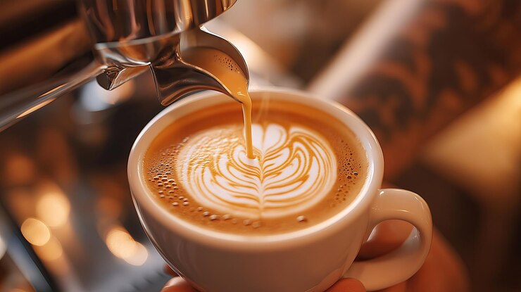 Barista wlewa latte art do świeżo parzonej filiżanki kawy