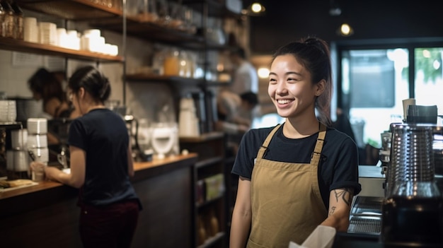 Baristka z 20-letnim klientem radośnie rozmawia w kawiarni z Generative AI