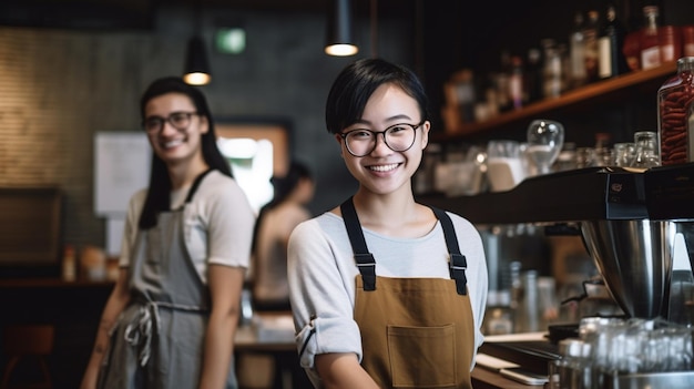 Baristka z 20-letnim klientem radośnie rozmawia w kawiarni z Generative AI