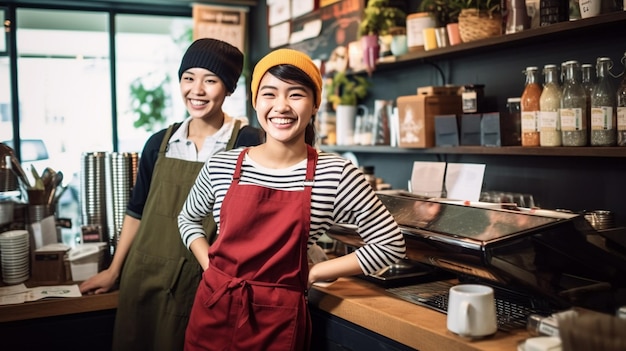 Baristka z 20-letnim klientem radośnie rozmawia w kawiarni z Generative AI