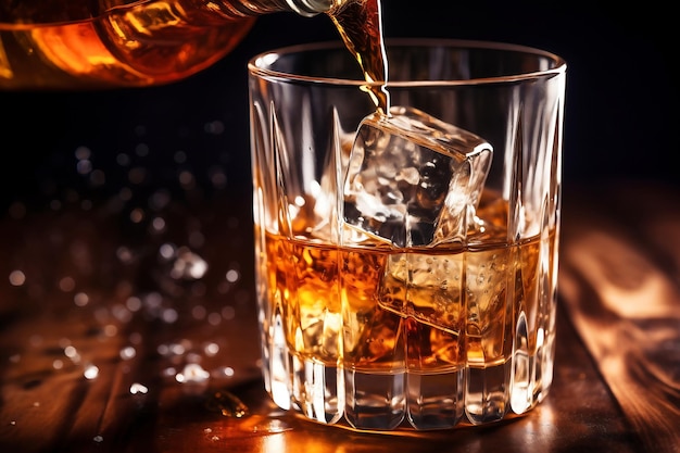 Barman nalewa whisky do szklanki z lodem na zbliżeniu licznika baru Niewyraźne tło Elitarny napój alkoholowy